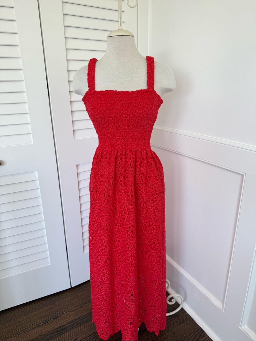 Hill House Red Eyelet Smocked Maxi Dress with Braided Straps
